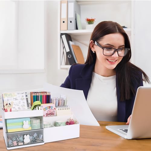 Meiikun Desk Organizer, Makeup Organizer with 2 Drawer, 7 Compartment & a Top Tray, Desktop Organizers and Storage for Women, Cute Home organization Bathroom, 11" x 5.7" x 4.7" (White) - color: 8 Compartments + 2 Drawer (White)