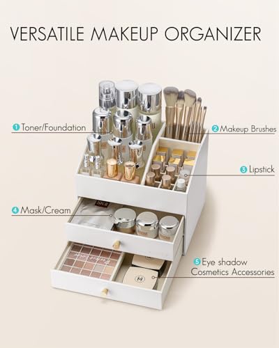 VLANDO Makeup Organizer for Vanity,Large Capacity Countertop Organizer with Drawers, PU Leather Cosmetic Display Case for Lipstick,Brushes,Skincare,Nail polish and Bedroom Storage (White) - color: 3 layers-White