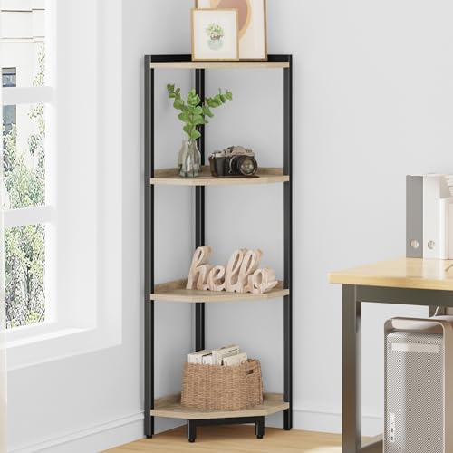 Hzuaneri Corner Shelf Stand, Corner Bookshelf, Storage Standing Shelf Unit with Metal Frame, Plant Stand, Bookcase for Living Room, Home Office, Bedroom, 4-Tier Greige CS05805B - color: Greige, size: 4 Tier