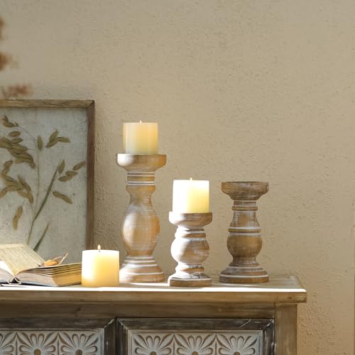 NIKKY HOME Rustic Pillar Candle Holder Set of 3 - Farmhouse Wooden Candlestick Stand for Mantle, Fireplace, Living Room, Brown - color: Brown