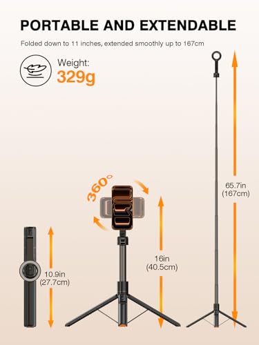 for Mag Safe Tripod for iPhone, 360° Rotating Head for Front & Rear Shooting, 65” Selfie Stick for iPhone Android with Remote & Metal Ring, Magnetic Phone Tripod Stand for Video Recording Travel