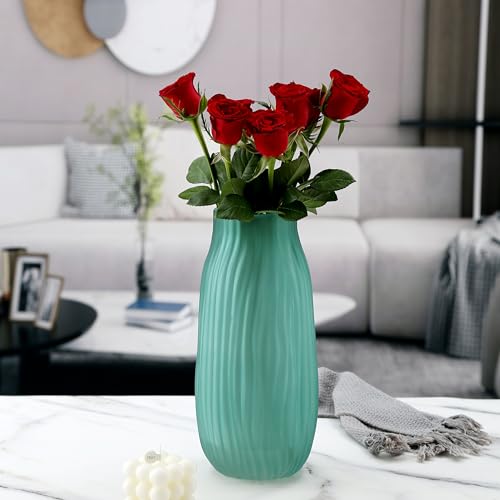 Modern Ribbed Glass Vase 12in Frosted Green Elegant Decorative Vases for Home Flowers Bouquet Arrangements, Centerpieces, Dinner Table,Office Decor - color: Frosted Green, size: H-12.0IN