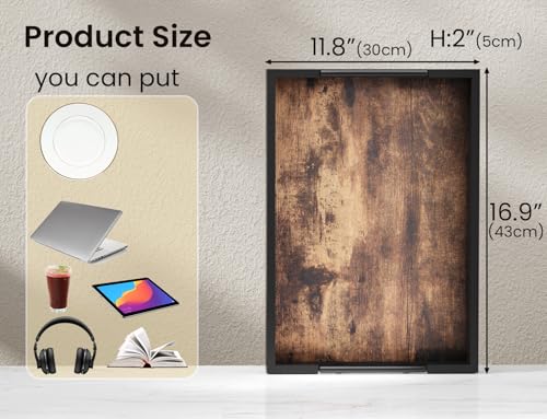 Fibogollo Wooden Serving Tray with Metal Handles,17x12in Ottoman Decorative Trays Platter for Coffee Table,Living Room,Bar,Party,Large - size: 16.9" x 11.8" x 2"