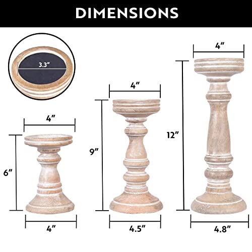 Mela Artisans Whitewashed Hand Carved Wooden Pillar Candle Holders - Set of 3 | Chennai Decorative Style | Crafted from Mango Wood | Rustic Table Centerpiece Decor | Sized 6", 9" and 12" - color: Whitewash