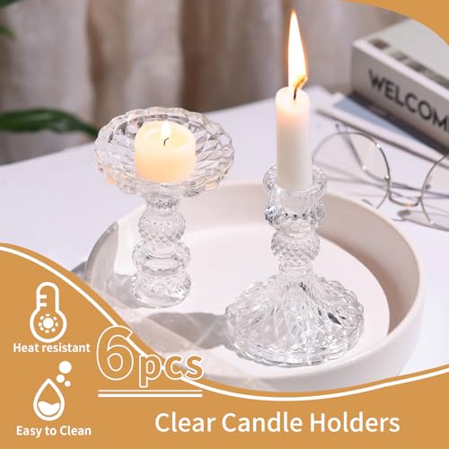 Glass Candle Holder Set of 6, Clear Candlestick Holder & Vintage Candlestick Holder, Taper Candle Holder for Table Centerpieces, Fall, Christmas, Autumn, Thanksgiving Decor - color: Clear, size: Crystal