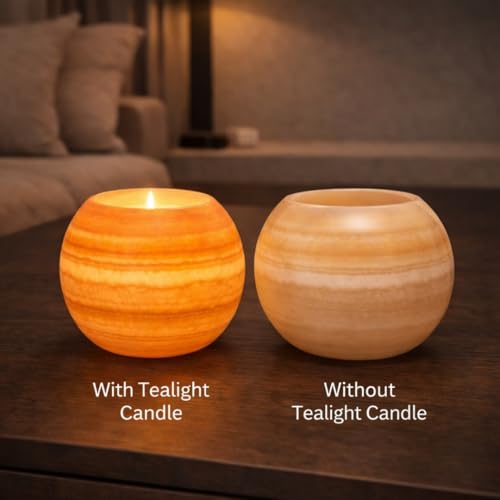 CraftsOfEgypt Single Alabaster Candle Holder - Egyptian Tealight and Votive Candles Holders with Amber Glow for Home Décor Natural Stone Soothing Tranquil Aurora - size: X-Large