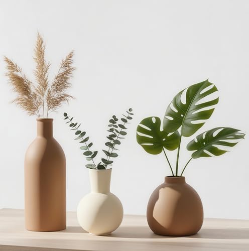 Ceramic Vase Set of 3, Modern Minimalist Farmhouse Style Home Decor Vases, Ideal for Pampas Grass & Dried Flowers, Perfect for Kitchen, Bedroom, Living Room & Dining Table Centerpiece(Brown) - color: Brown
