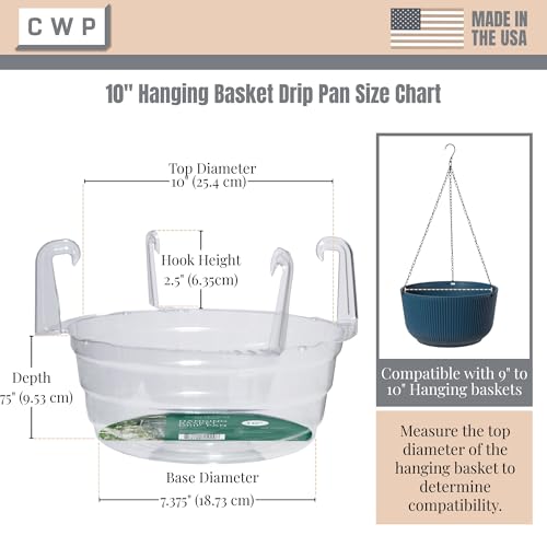 Curtis Wagner Plastics Hanging Basket Drip Pans (5-Pack) | Clear, Round (Diameter = 7.37" Base, 10" Top, 3.7" Depth) Hanging Plant Tray Saucer with Built-in Hooks & Water Catcher for Indoor & Outdoor - color: Hanging, size: 7.37"