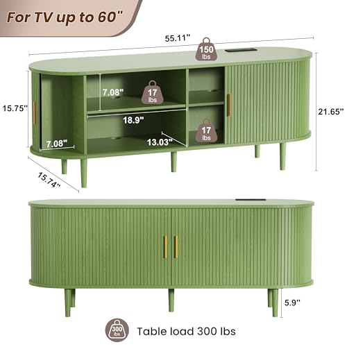 DHH 55 Inch Mid Century Modern TV Stand with Power Outlet for TVs up to 60 Inch, Entertainment Center with Storage and Adjustable Shelves, Media Console with Sliding Doors for Living Room(Green) - color: Green, size: 55 Inch