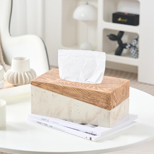 Rectangular Natural Travertine and Rustic Wood Textures Tissue Box Cover for Bathroom,Livingroom,Bedroom, Hand-Made Resin Wood Inlaid Travertine Tissue Box Holder,10 x 5.7 x 4.5 in - color: C-brown&beige