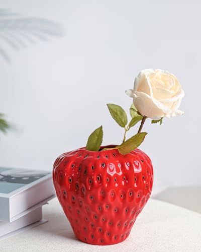 DN DECONATION Red Strawberry Vase, Strawberry Ceramic Flower Vases for Colorful Girly Home Decor, Decorative Cute Vase for Strawberry Party Decorations - color: Red Strawberry