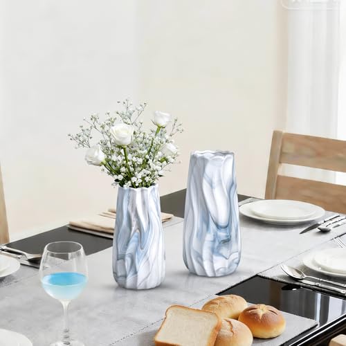 Blue Vases for Home Decor, Decorative Striped Flower Vase, White vases for Table Centerpieces, Light Blue Coastal Vase Set of 2, Ceramic Decoration for Living Room - color: Blue Marble