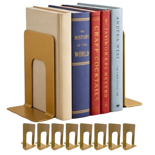 Alessk Dark Matte Gold Metal Bookends for Shelves – Heavy Duty Decorative Bookends for Heavy Books – Modern Book Ends for Office Bookshelf- has 3 Non-Slip Pads at the Bottom – 4 Pairs (8 Pieces) - color: Gold 4 Pairs