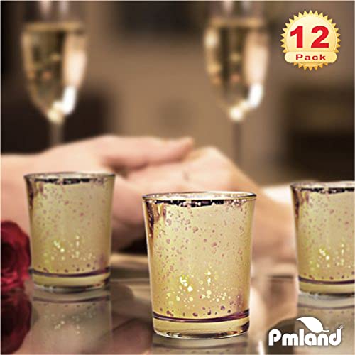 PMLAND Speckled Mercury Glass Votive Candle Tealight Holders - Bulk Pack of 12 Gold - color: Gold