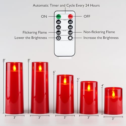 Homemory Christmas Red Flickering Flameless Candles, Battery Operated Acrylic LED Pillar Candles with Remote Control and Timer, Set of 5 - color: Red