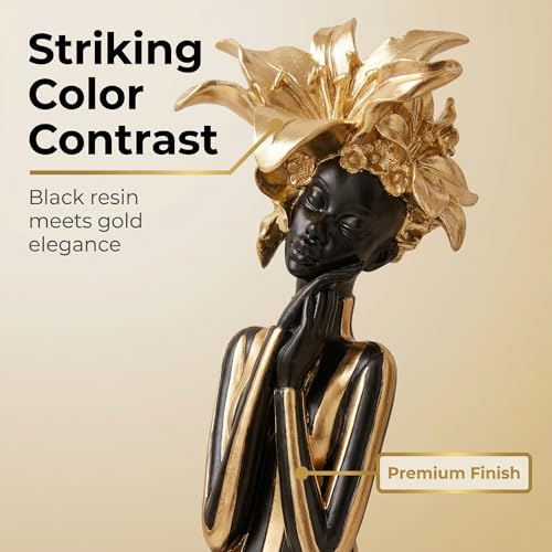 Lescafita African Woman Art Sculpture with Gold Floral Crown, Exquisite African Statue, Emotional Modern Home Art Gift for Various Settings Such as Home, Bookshelves, desks, or Offices(10.83 inch - color: 711-gold M
