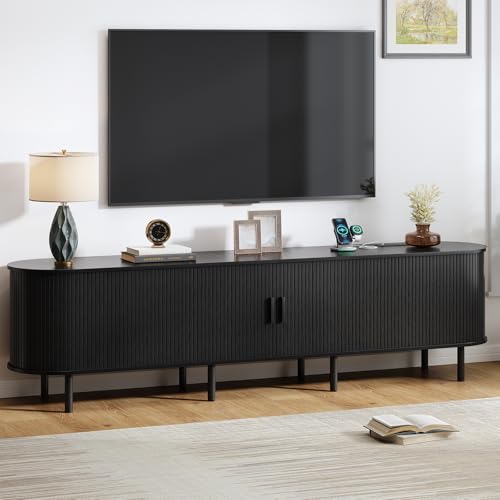 86.6" TV Stand with Power Outlet, Mid-Century Modern Television Stand, Fluted Media Console with Sliding Doors, Entertainment Center for TVs up to 90 Inch, Adjustable Shelves, Black - color: Black, size: 86.6 Inch