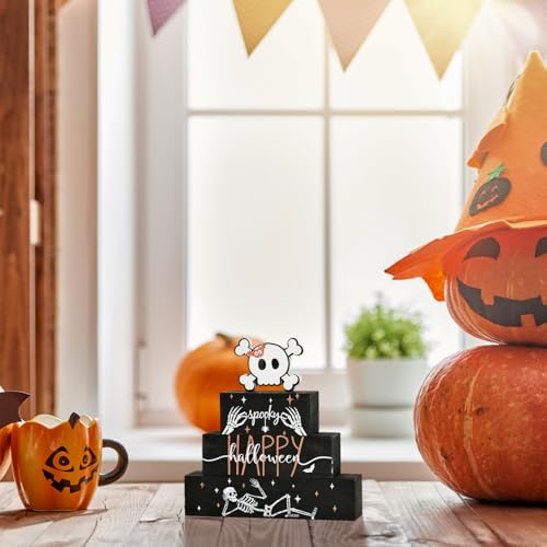 Smile 4 Pcs Wooden Blocks Signs, Happy Halloween Indoor Decorations, Skull Farm Decor Spooky Rustic for Home Table Shelf and Kitchen - style: Skull