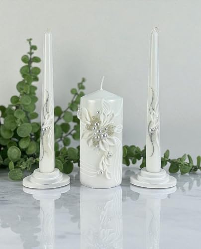 Unity Candle Set - Wedding Ceremony & Reception – 6” Pillar & Two 10” Taper Candles – Long Burning Unity Candles for Marriage Ritual – Handmade in USA – Royal White