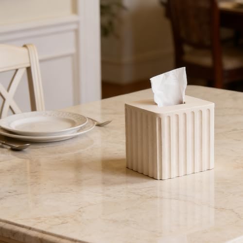 Striped White Sandstone Tissue Box Cover Square for Home Decor,Resin Heavy Tissue Box Holder for Bathroom Countertop,Tabletop,Bedside Table,Office (Handmade of Resin) - color: T-white