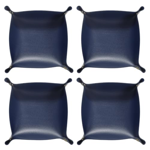 HARFINGTON 4pcs PU Leather Valet Tray Unisex Folding Small Catchall Tray Portable Entryway Table Tray Nightstand Bedside Desk Tray for Key Wallet Watch Coin Jewelry Dice, Dark Blue - color: Dark Blue