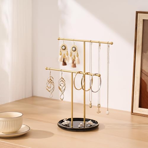 Gold Jewelry Holder Stand with Ceramic Tray: Small Hanging Necklace Organizer Tree for Earrings, Bracelets, Rings – Jewelry Display Hanger for Women & Girls, Black - color: black tray gold bar