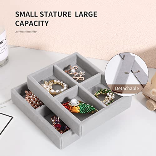 DesignSter Small Jewelry Tray, 2PCS Ring Organizer, Velvet Jewelry Display Tray, Stackable Jewelry Organizer Trays, Jewelry Drawer Organizer Inserts For Dresser, Jewelry Box (Gray) - color: Gray, size: 4 Grids