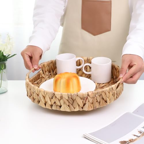 YRMT Water Hyacinth Serving Tray Round Woven Tray with Handles Boho Decorative Tray for Breakfast, Coffee, Table, Dining 13" x 13" x 2.3"