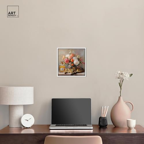 Art Remedy Cat Floral Vase Perfume Canvas Fashion Pet Art, White Frame, 12" x 12" - color: White Frame, size: 13"L x 13"W