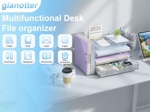 gianotter Desk Organizers and Accessories with File Holder, 4-Tier Desk Accessories & Workspace Organizers with Drawer and 2 Pen Holder, Paper Organizer for Office Supplies (Grey) - color: Grey
