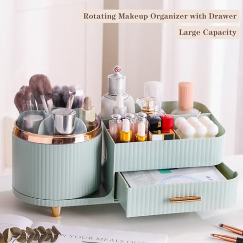 Rotating Makeup Organizer for Vanity with Brush Holder and Drawer, Cosmetic Makeup Storage, Large Spinning Makeup Skincare Organizer, Countertop Makeup Perfume Organizer, Lotions Display Case (Green) - color: With Drawer-Green