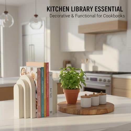 Concrete Bookends for Shelves - Vintage Heavy Duty Decorative Book Ends for Heavy Books, Concrete Book Stopper for Decorative Books Reinforced Modern Design, Durable for Living Room & Study(2-Pack) - color: White