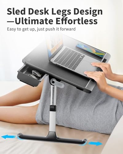 SAIJI Laptop Bed Tray Table - 23.6" x 13" Adjustable Portable Standing Desk with Storage Drawer, Foldable Lap Desk Fits 17" Laptop, PVC Leather for Couch Sofa (Dark Black) - color: Black
