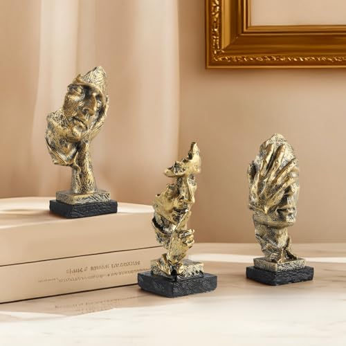 Modern Living Room Decoration - Gold Abstract Sculpture Decor for Shelves, Thinker Statues Set of 3, Resin Face Knick Knacks Home Decor for Office Bookshelf, Table, Gift for Friends - color: Gold Thinker Small Statue Set