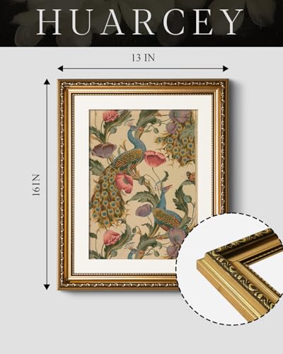 Golden Framed Canvas Wall Art Vintage Peacock, Classic Vine With Poppies Floral Canvas Print Wall Decor, Bird Art Print Wall Hanging 13x16 inch, for Bedroom Bathroom Living Room Decor - color: Peacock, size: 16"L x 13"W