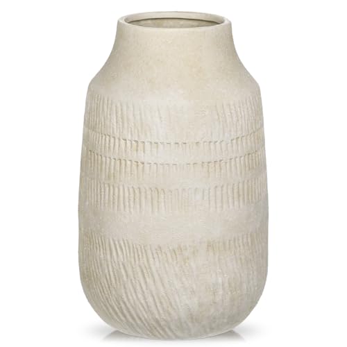 11" Rustic Ceramic Vase with Irregular Flutes Texture & Sand-Grain Surface, Antique Vase for Pampas & Vibrant Flowers, Warm-Toned Style, Beige White - color: 11" Beige White