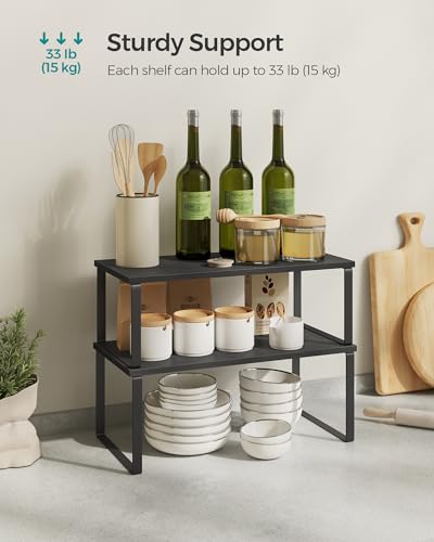 SONGMICS Cabinet Organizer Shelf, Set of 2 Kitchen Counter Shelves, Kitchen Storage, Spice Rack, Stackable, Expandable, Metal and Engineered Wood, Ink Black and Charcoal Black UKCS025B01 - color: Ink Black + Charcoal Black, size: 15.6"W