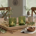 6 Pack Patented Sun Moon Star Embossed Glass Tea Light Candle Holders - Unique Votive Candle Holders for Wedding, Party, and Table Centerpieces (Moss Green) - color: Moss Green