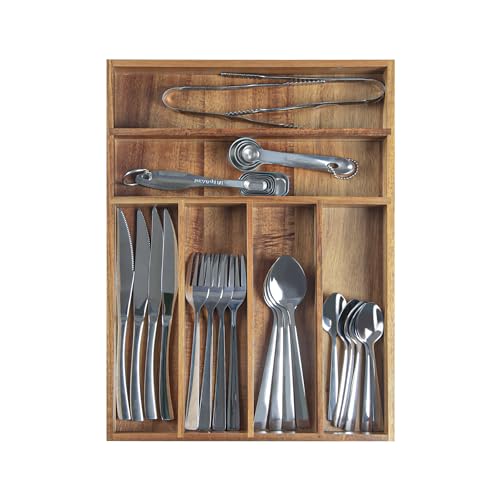 KITEISCAT Acacia Wood Silverware Organizer, Kitchen Utensil Drawer Organizer for Forks, Knives & Spoons, 6-Compartment Cutlery Tray, Flatware Holder - size: 6 Compartments