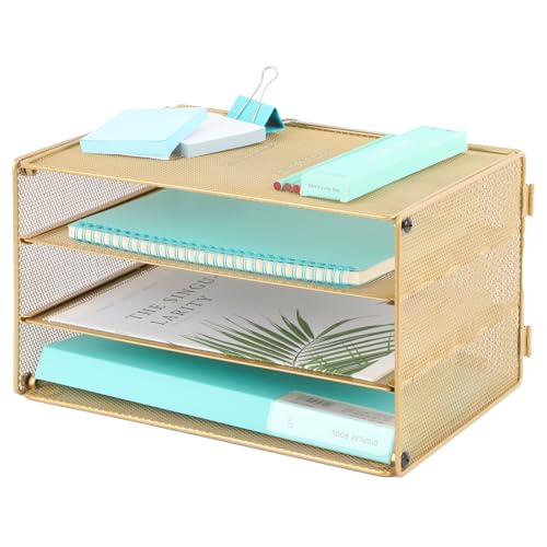EASEPRES Paper Organizer Tray, 3 Tier Mesh Desk File Organizer Letter Sorter Holder for Home Office, Gold - color: 3 Tier Gold
