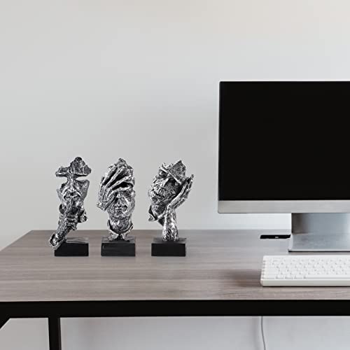 MOLIGOU 3Pcs Thinker Statue, No Hear No See No Speak Abstract Art Figurine, Sculpture Decor for Office, Desktop, Bookshelf (Silver)