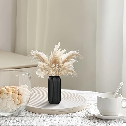Ceramic Vase for Flowers – Modern Small Ribbed Textured Flower Vase for Home Decor, Pampas Grass, Decorative, Farmhouse, Coffee Table, Kitchen Centerpieces, Bookshelf and Home Living(Matte Black) - color: Matte Black