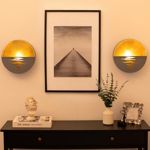 Gold Wall Sconces Set of Two: Flameless Candle Sconces Night Light for Indoor Livingroom Bedroom - Metal Sunrise Decor Wall Candle Holder with Tealight for Hallway