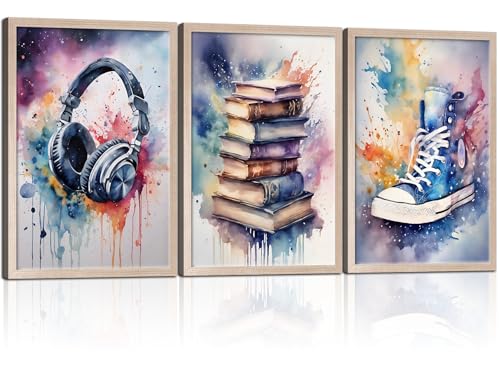 3 Pcs Framed Graffiti Abstract Wall Art Headphones Books Sneakers Canvas Print Poster Watercolor Pink Wall Decor Pictures Teenager Bedroom Wall Homemade Set Decoration for Living Room Bedroom Office 24" x 16" - color: Watercolor, size: 24"x16"