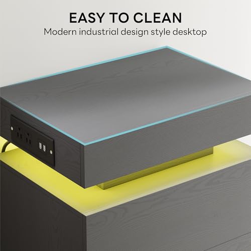 LIKIMIO Night Stand with Charging Station, Modern Grey Nightstand with LED Light and Drawers, Bedside Tables/End Table for Bedroom - color: Grey