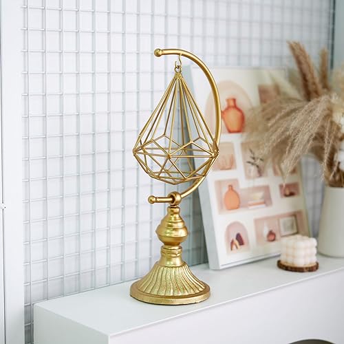 HLQMFHT 5.6" W x 16.3" H Metal Geometric Abstract Sculpture on Cast Iron Base,Metal Geometric Sculpture Decor Sphere, Tabletop,Living Room,Study,Bedroom,Home Decor - color: Gold-f
