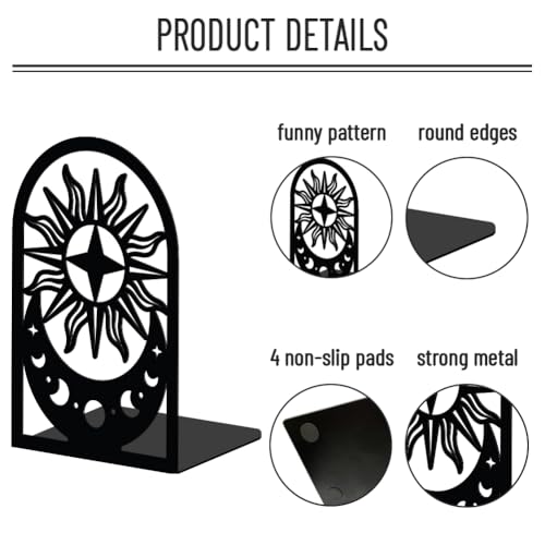 WADORN Moon Sun Metal Bookends for Shelves Decorative 1 Pair, Heavy Duty Books End Support Non-Skid Book Holders Black L-Shaped Book Stopper for Home Office Desk Books Divider, 4.7x3.5x7 Inch - color: Moon Phases