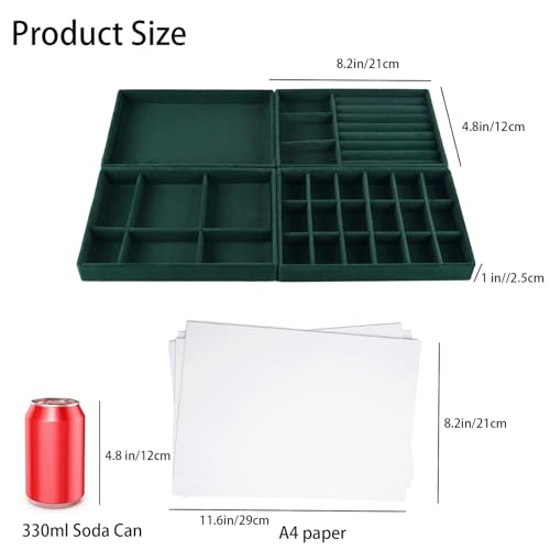 Stackable Jewelry Organizer Trays for Drawer, Set of 4 Velvet Jewelry Drawer Inserts in Dresser, 8in Storage Display Case for Rings Stud Necklaces Accessories(Green) - color: Green