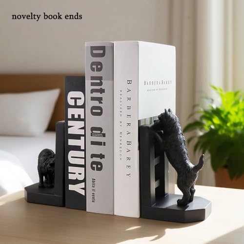 Decorative Bookends Cute Heavy Duty Book Ends, Dog and Cat Playing in The Fence Unique Modern Book Ends Stoppers Holders for Shelves Office, Black, Resin, 7.9" X 6.7"