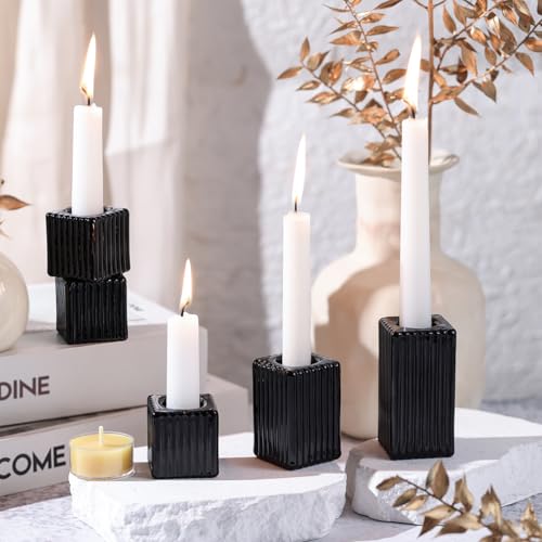 LETINE 12pcs Black Vertical Stripe Glass Candlestick Holders - Chic Taper Candle Sticks Holder Set for Elegant Dining & Home Decor - Ideal Candle Holders for Wall,Living Room,Bedroom, Kitchen Decor - color: Black